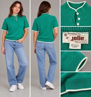 Vintage Sweaters by Jolie Womens Green Knit Polo Sweater Short Sleeve USA